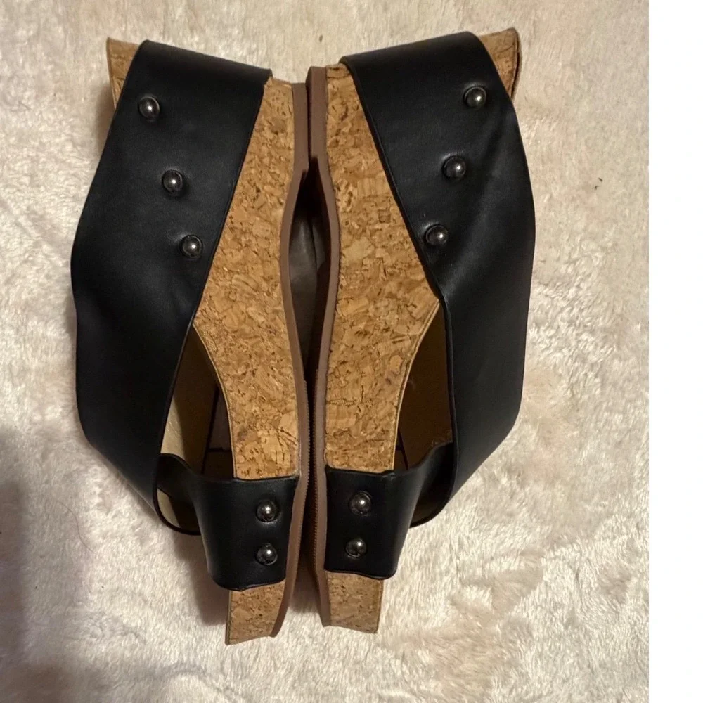 Modern Rebels Rain Black Faux Leather Cork Wedge Platform Studded Sandals 7